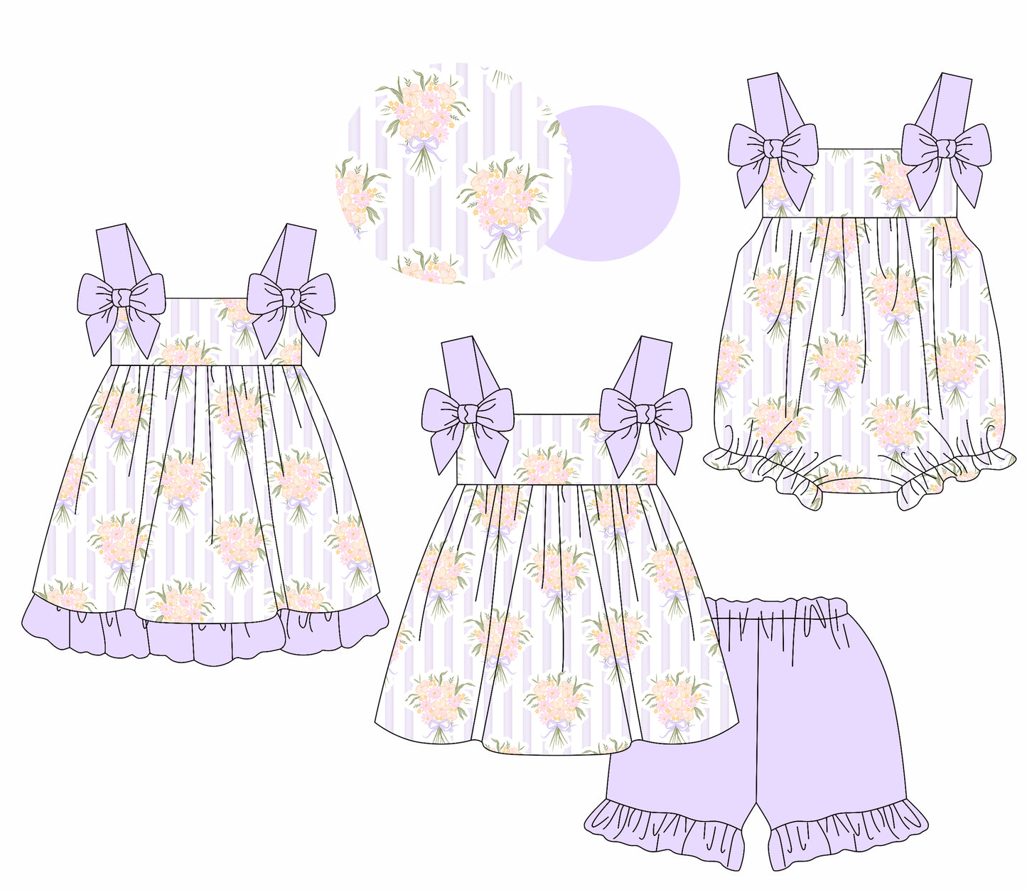 1.24(Custom Design Preorder MOQ 5 Each Design) Flowers Purple Print Girls Summer Matching Clothes Sisters Wear