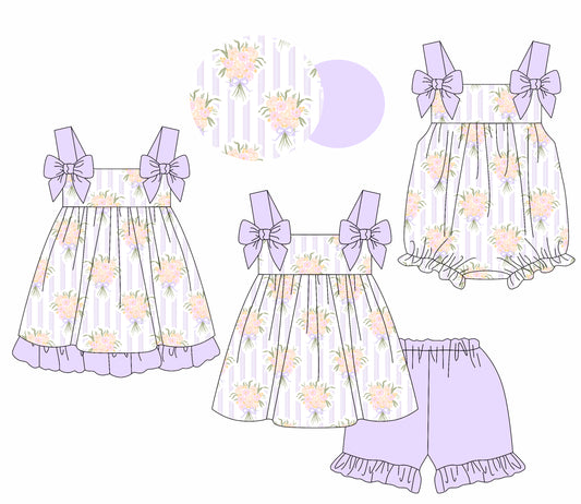 1.24(Custom Design Preorder MOQ 5 Each Design) Flowers Purple Print Girls Summer Matching Clothes Sisters Wear