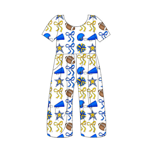 (Custom Design Preorder MOQ 5) Team's Football Cheer Bows Print Girls Summer Jumpsuits