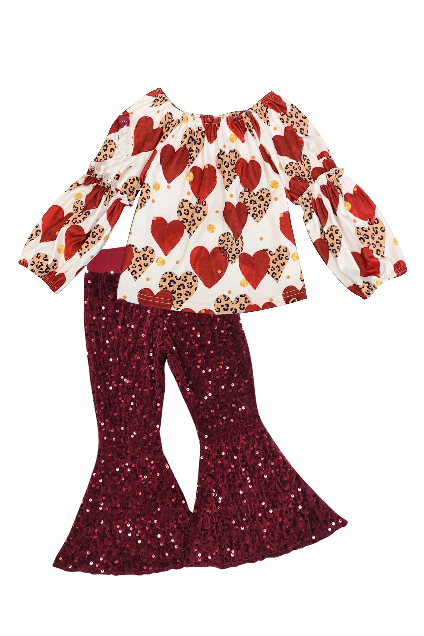 (Custom Design Preorder MOQ 5) Heart Top Wine Sequin Pants Girls Valentine's Clothes Set