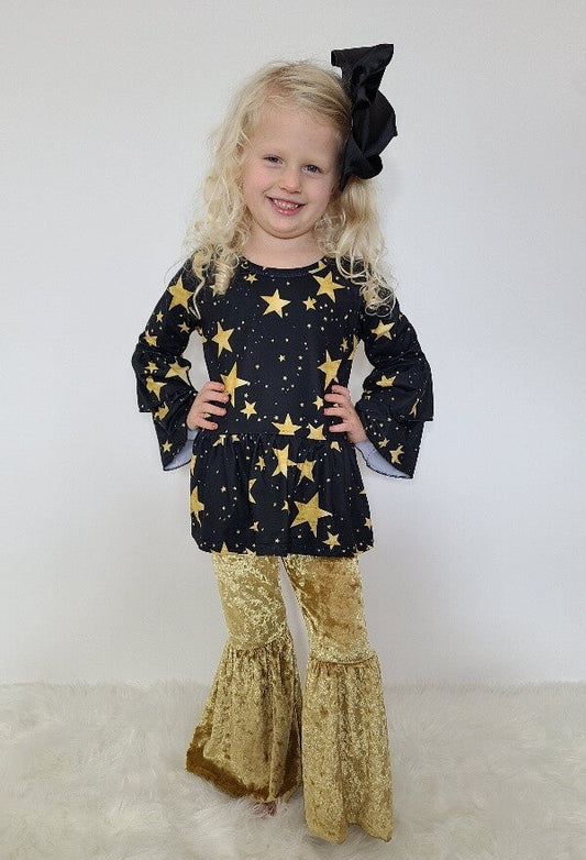 (Custom Design Preorder MOQ 5) Stars Top Gold Velvet Bell Pants Girls Happy New Year Clothes Set