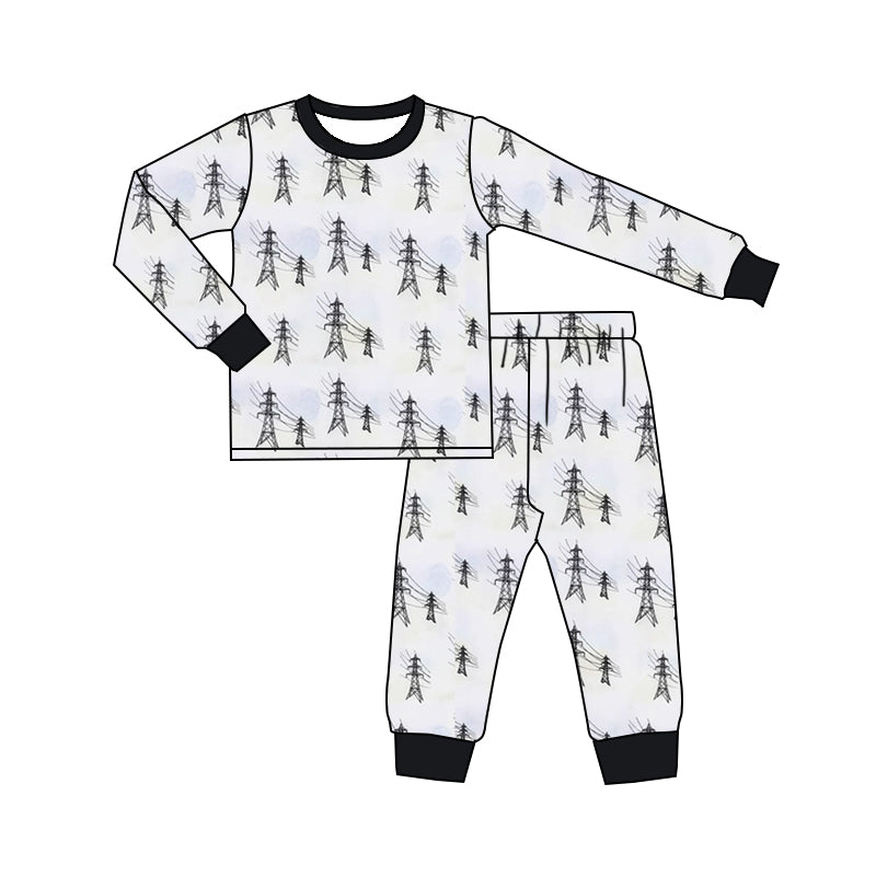 (Custom Design Preorder MOQ 5)  Power Pylon Print Kids Fall Pajamas Clothes Set