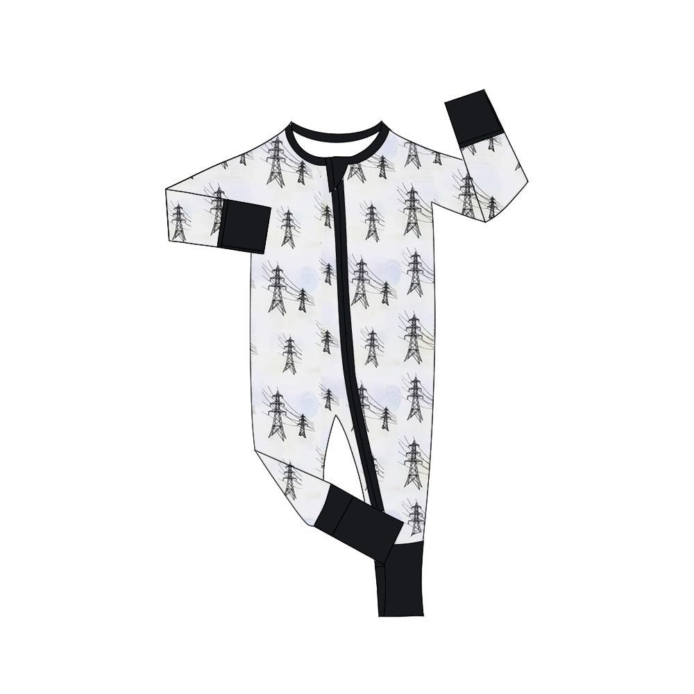 (Custom Design Preorder MOQ 5)  Power Pylon Print Baby Fall Sleeper Zipper Romper