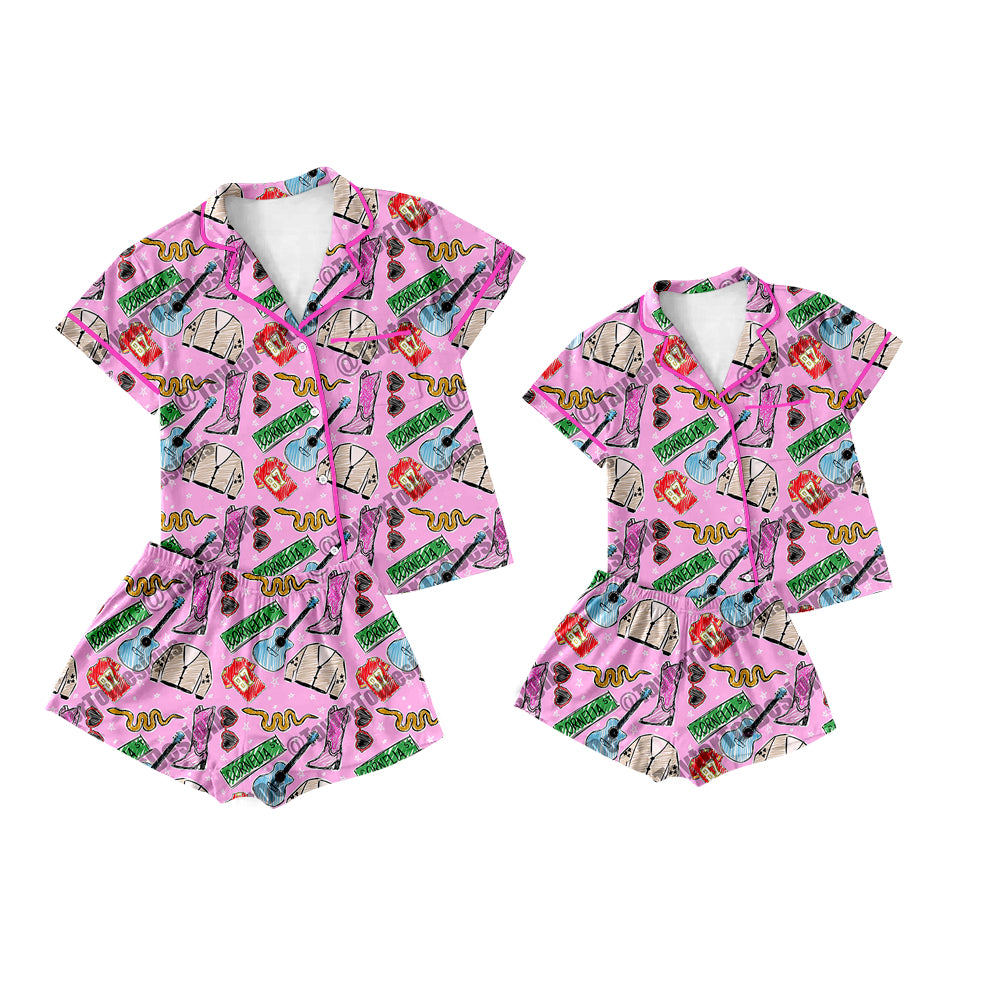 12.9(Custom Design Preorder MOQ 5 Each Design) Singer Swiftie Pink Print Buttons Pajamas Sets Mom and Me Matching Clothes