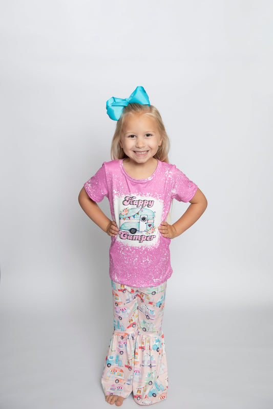 GSPO1196 Happy Camper Print Girls Bell Pants Clothes Set