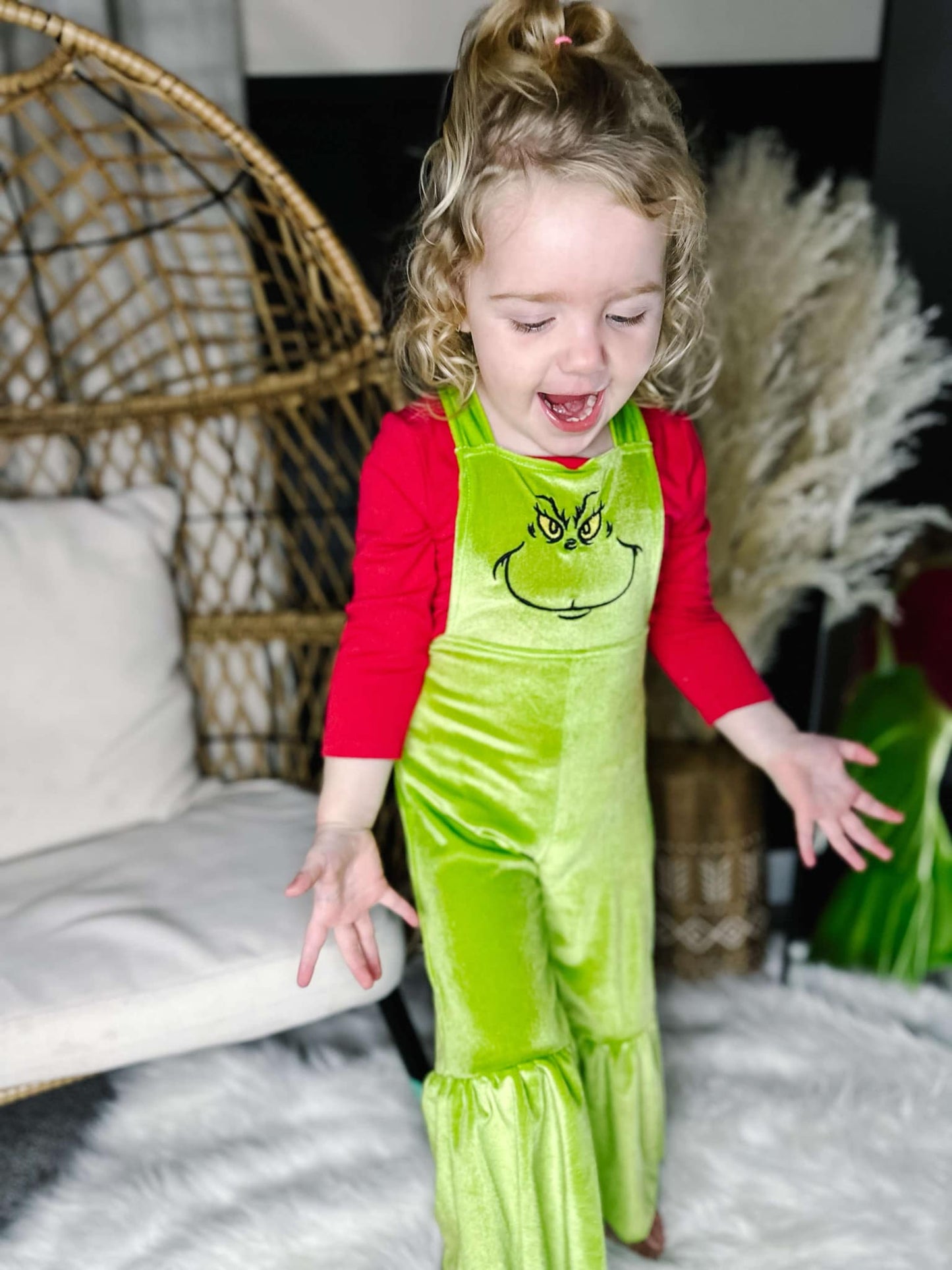 SR2013  Green Frog Face Embroidery Girls Christmas Velvet Jumpsuits