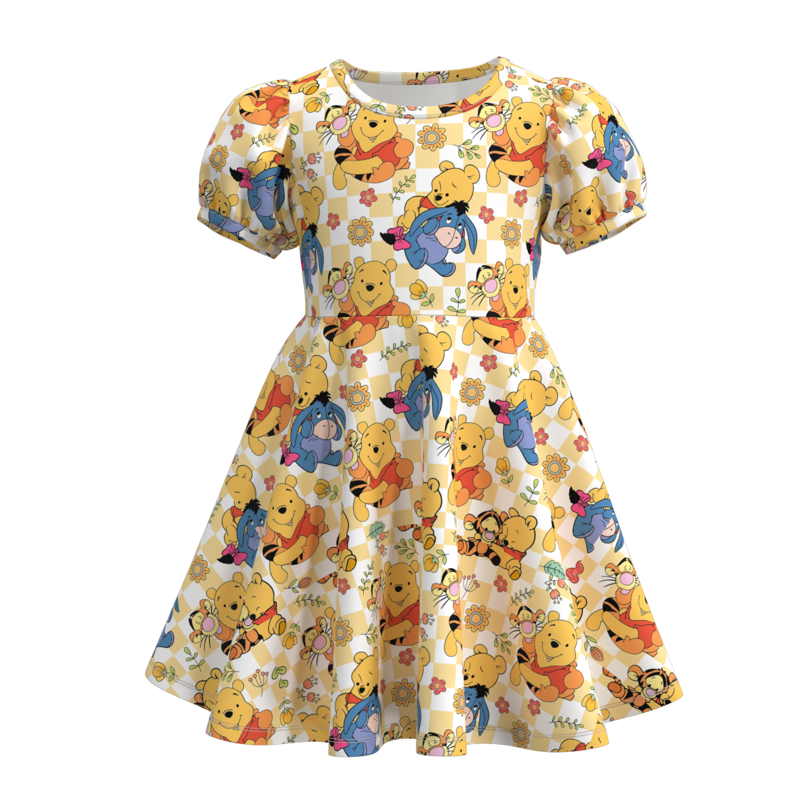 (Custom Design Preorder MOQ 5) Cartoon Bear Flowers Print Girls Knee Length Summer Dress