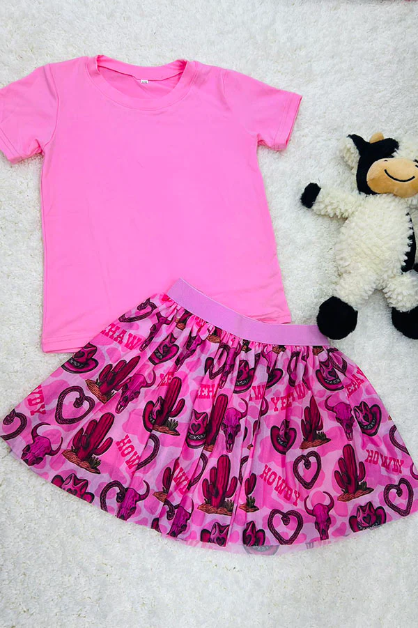 (Custom Design Preorder MOQ 5) Pink Top Howdy Cactus Skirts Girls Summer Clothes Set