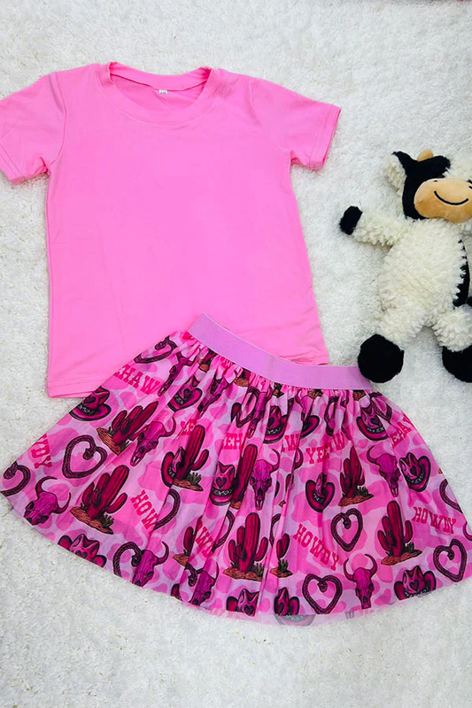 (Custom Design Preorder MOQ 5) Pink Top Howdy Cactus Skirts Girls Summer Clothes Set