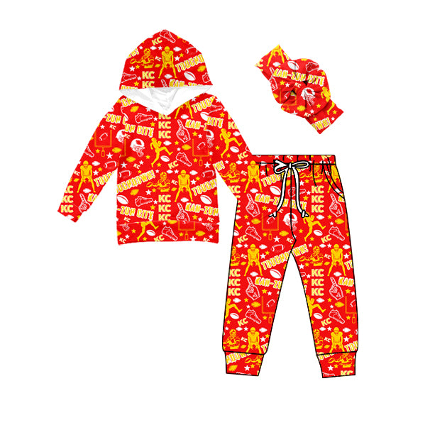 (Custom Design Preorder MOQ 5) Team's KC Red Print Kids Hoodie Clothes Set