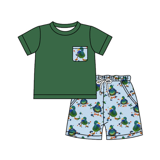 (Custom Design Preorder MOQ 5) Green Pocket Top Duck Shorts Boys Summer Clothes Set