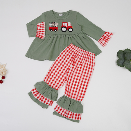 (Custom Design Preorder MOQ 5) Farm Animals Green Tunic Top Plaid Pants Girls Christmas Clothes Set