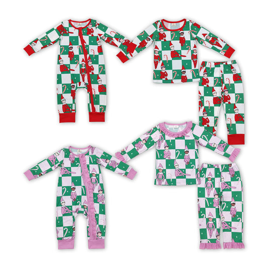 Cartoon Shelf Candy Cane Plaid Print Sibling Christmas Bamboo Pajamas Matching Clothes