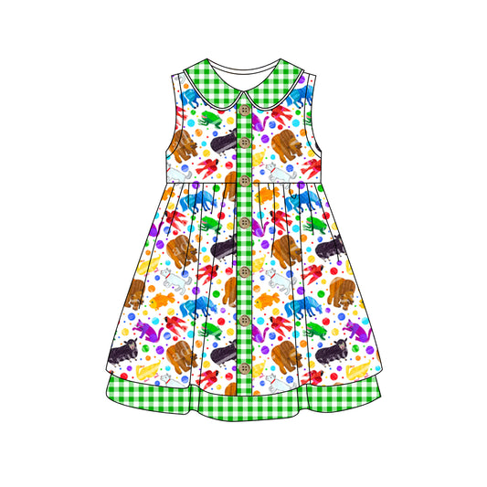 (Custom Design Preorder MOQ 5)What Can You See Colorful Animals Print Girls Knee Length Summer Dress