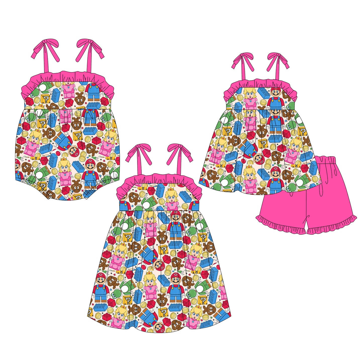 12.9(Custom Design Preorder MOQ 5 Each Design) Cartoon Games Toys Print Girls Summer Matching Clothes Sisters Wear