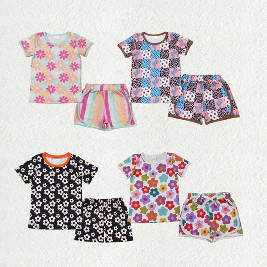 4 Design  Flowers Print Shorts Girls Summer Clothes Set Sisters Wear