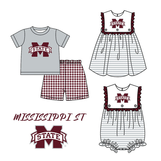 (Custom Design Preorder MOQ 5 Each Design) Team's Mississippi State Print Kids Summer Matching Clothes Sibling Wear