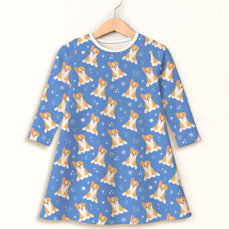 (Custom Design Preorder MOQ 5) Puppy Blue Print Girls Knee Length Dress