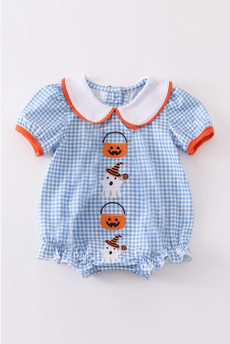 (Custom Design Preorder MOQ 5) Pumpkin Ghost Plaid Print Baby Girls Halloween Romper