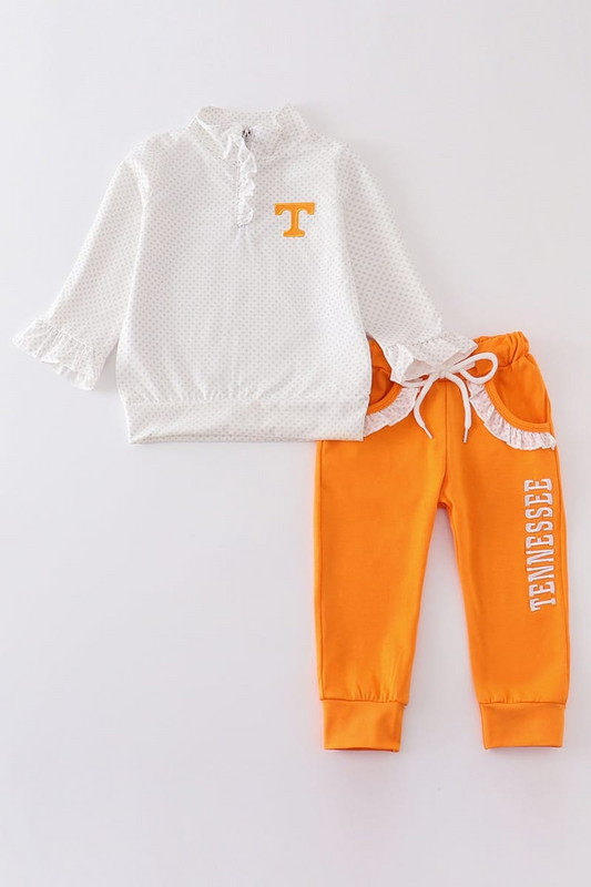 (Custom Design MOQ 5) Orange T Football Team's Print Girls Clothes Set