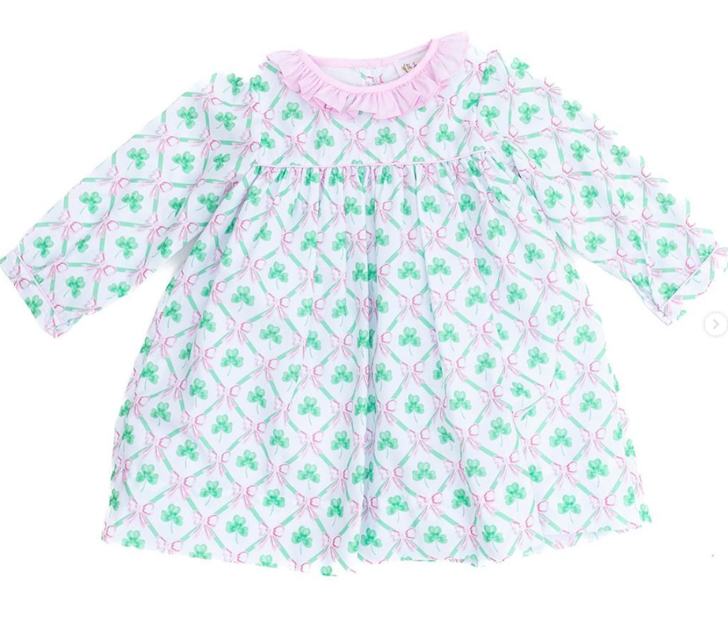 (Custom Design Preorder MOQ 5) Leaf Bow Print Girls St. Patrick's Day Knee Length Dress