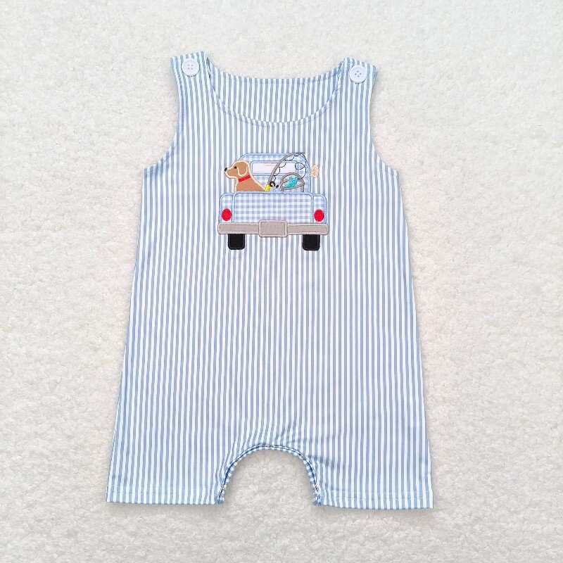 Dog Truck Embroidery Stripes Print Brothers Summer Matching Clothes