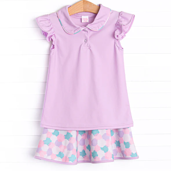 (Custom Design Preorder MOQ 5) Purple Top Skirts Girls Summer Clothes Set