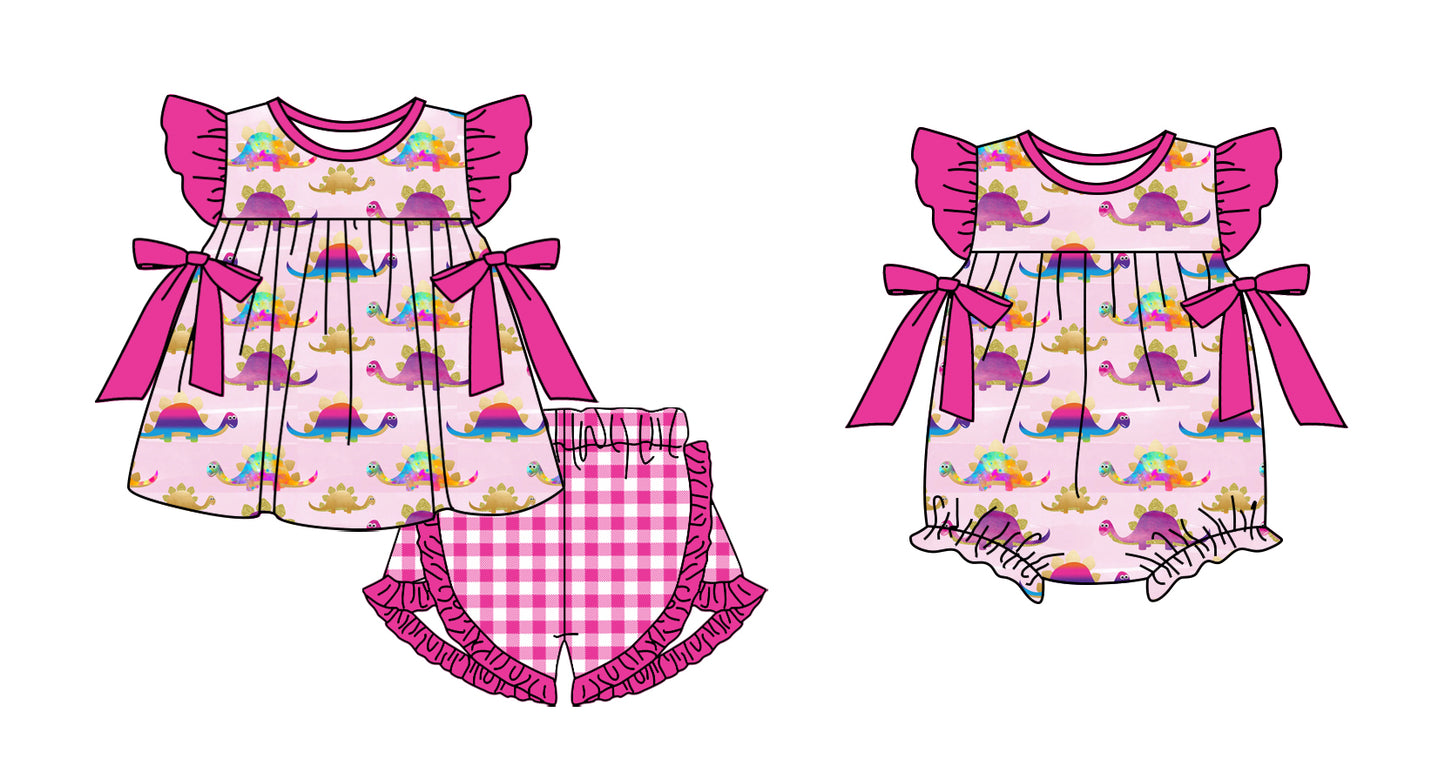 11.4(Custom Design Preorder MOQ 5 Each Design) Dino Pink Print Girls Summer Matching Clothes Sisters Wear