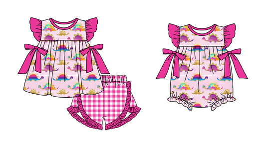 11.4(Custom Design Preorder MOQ 5 Each Design) Dino Pink Print Girls Summer Matching Clothes Sisters Wear