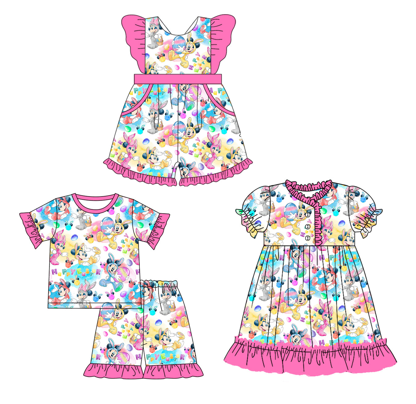 12.10(Custom Design Preorder MOQ 5 Each Design) Cartoon Mouse Eggs Print Girls Easter Matching Clothes Sisters Wear