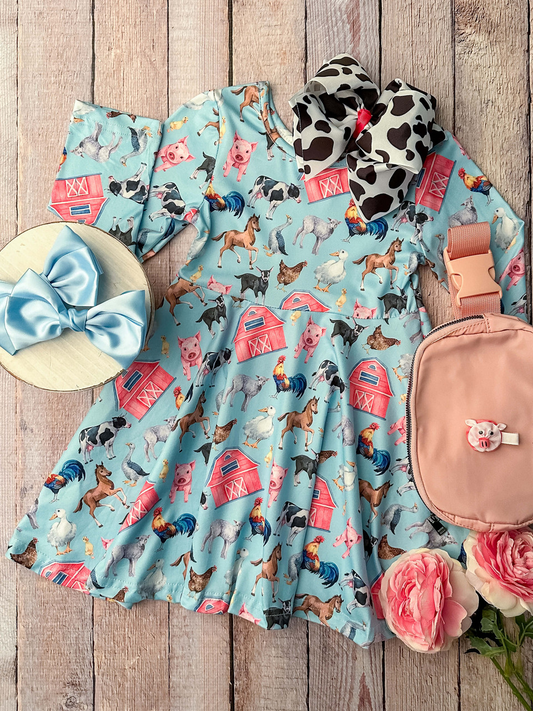 (Custom Design Preorder MOQ 5)  Blue Farm Animal Print Girls Knee Length Dress