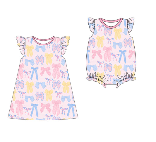 3.10(Custom Design Preorder MOQ 5 Each Design) Colorful Bows Print Girls Summer Matching Clothes Sisters Wear