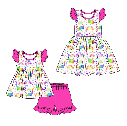 12.12(Custom Design Preorder MOQ 5 Each Design) Dino Rainbow Print Girls Summer Matching Clothes Sisters Wear