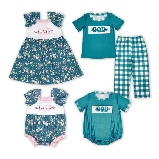 Child of GOD Green Flowers Plaid Print Sibling Matching Clothes