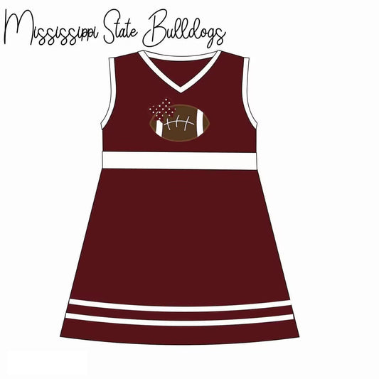 (Custom Design Preorder MOQ 5)  Wine White Football Print Girls Knee Length Dress