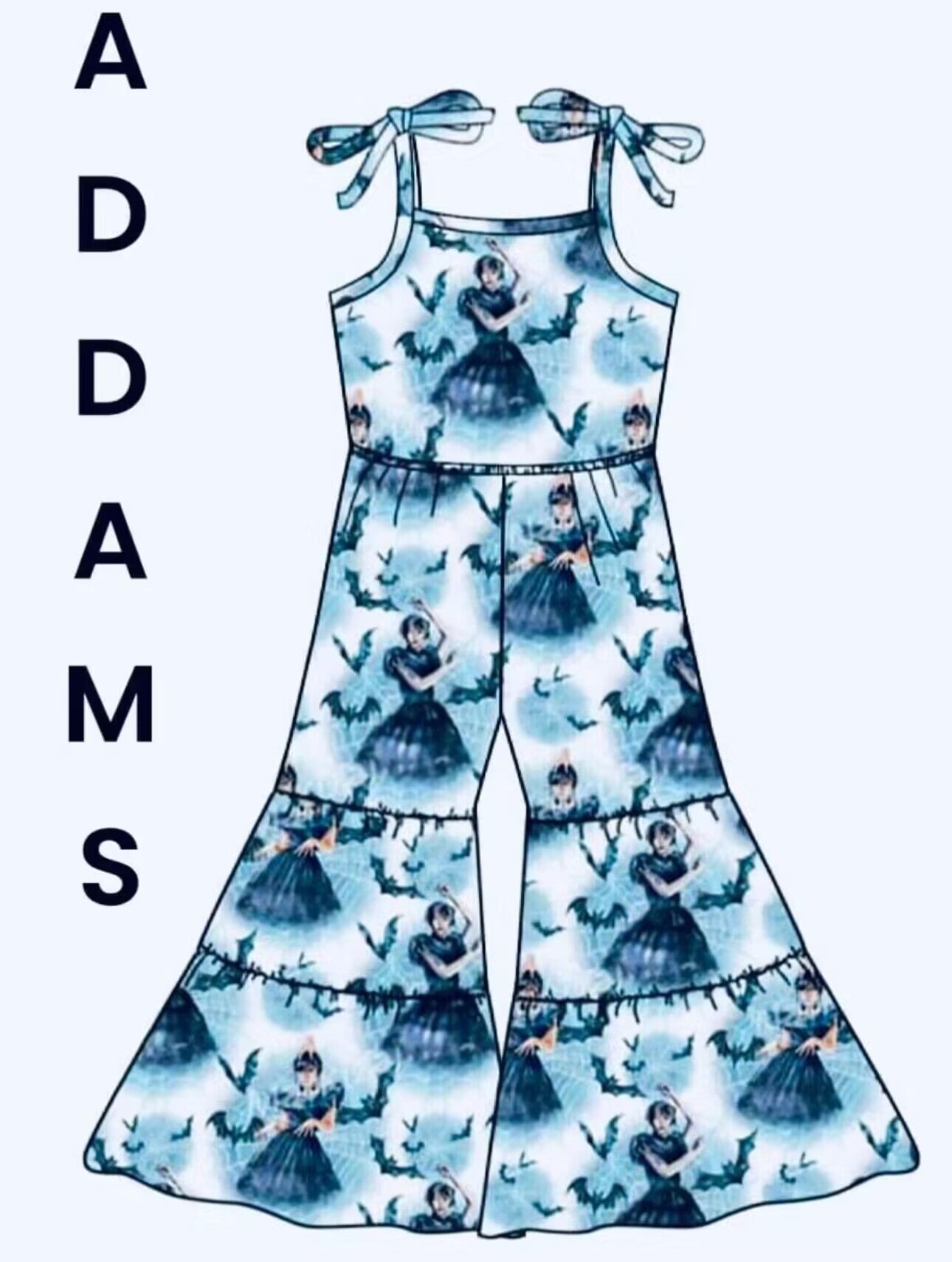 (Custom Design Preorder MOQ 5) Wednesday Print Girls Summer Strap Jumpsuits