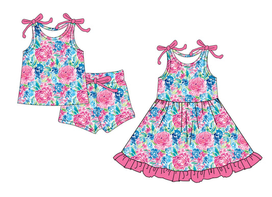 4.14(Custom Design Preorder MOQ 5 Each Design) Pink Flowers Blue Print Girls Summer Matching Clothes Sisters Wear