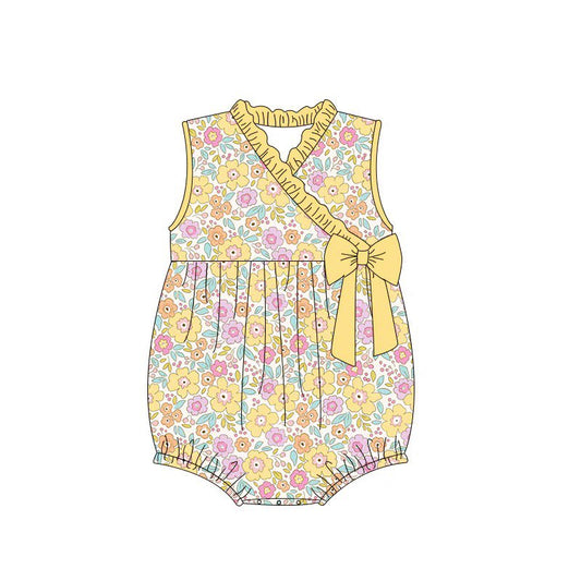 (Custom Design Preorder MOQ 5)  Yellow Flowers Print Baby Girls Summer Romper