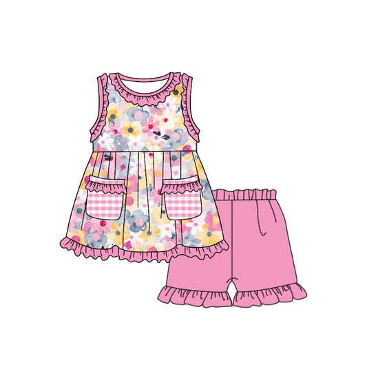 (Custom Design Preorder MOQ 5) Pink Flowers Print Pockets Top Ruffle Shorts Girls Summer Clothes Set