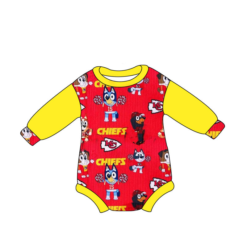 (Custom Design Preorder MOQ 5) Team's CHIEFS Cartoon Dog Print Baby Girls Fall Romper