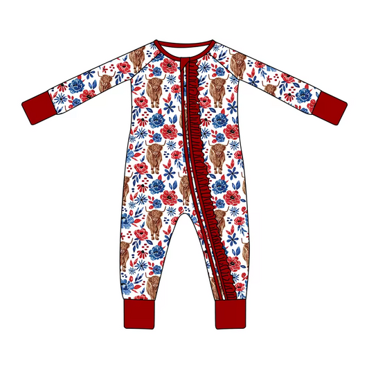 (Custom Design Preorder MOQ 5) Highland Cow Flowers Print Baby Girls Fall Sleeper Zipper Romper