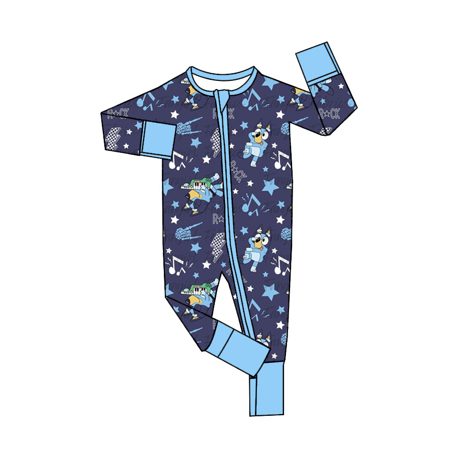 (Custom Design Preorder MOQ 5) Cartoon Dog Blue Rock Print Baby Fall Sleeper Zipper Romper