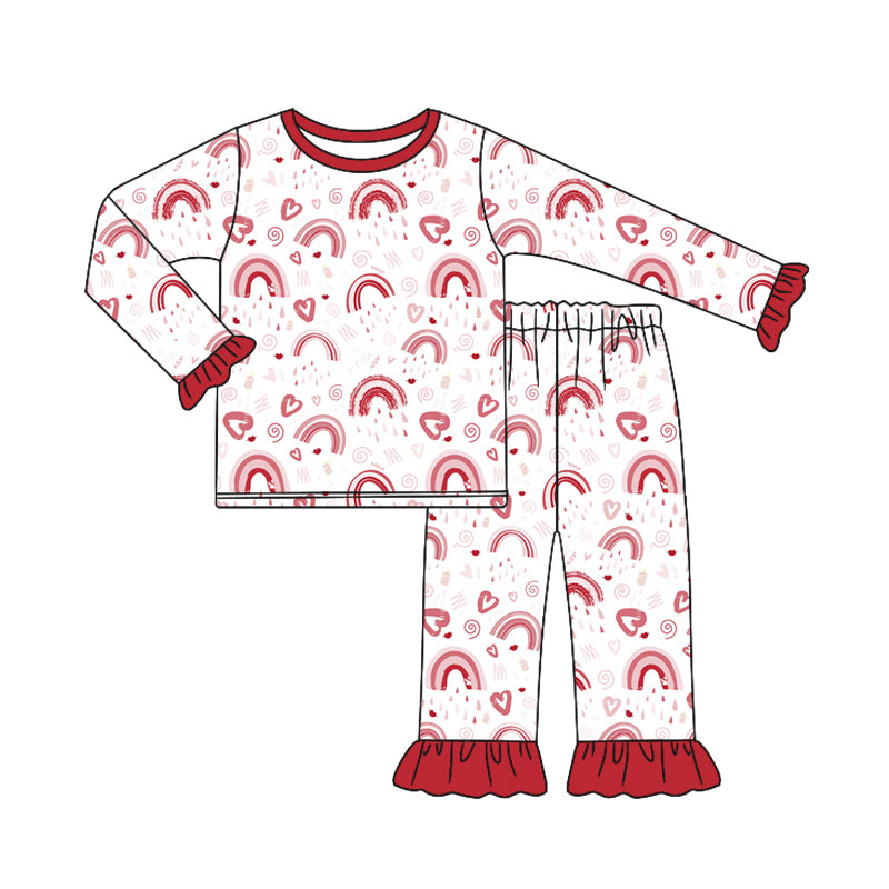 (Custom Design Preorder MOQ 5) Heart Rainbow Print Girls Valentine's Day Pajamas Clothes Set