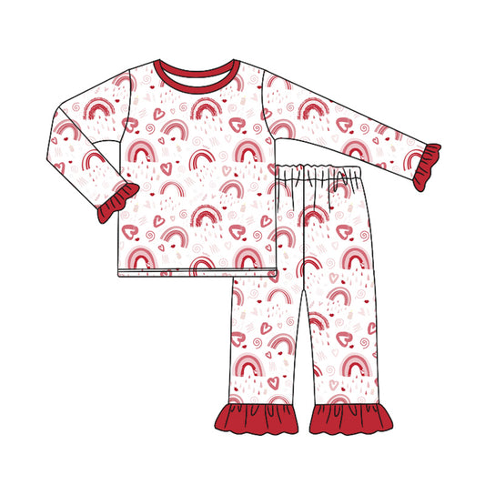 (Custom Design Preorder MOQ 5) Heart Rainbow Print Girls Valentine's Day Pajamas Clothes Set