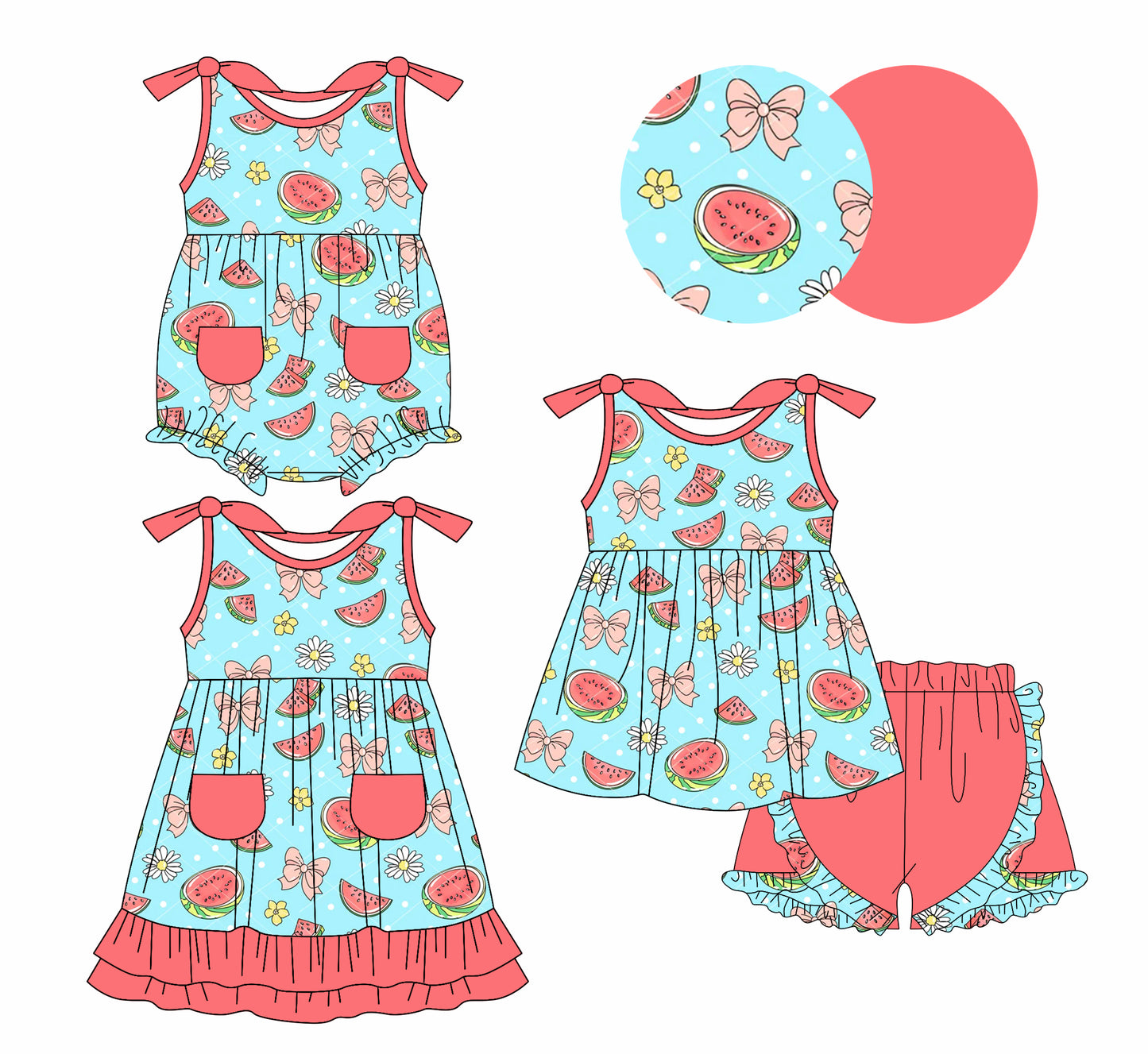 1.6(Custom Design Preorder MOQ 5 Each Design) Watermelon Bows Print Pockets Girls Summer Matching Clothes Sisters Wear