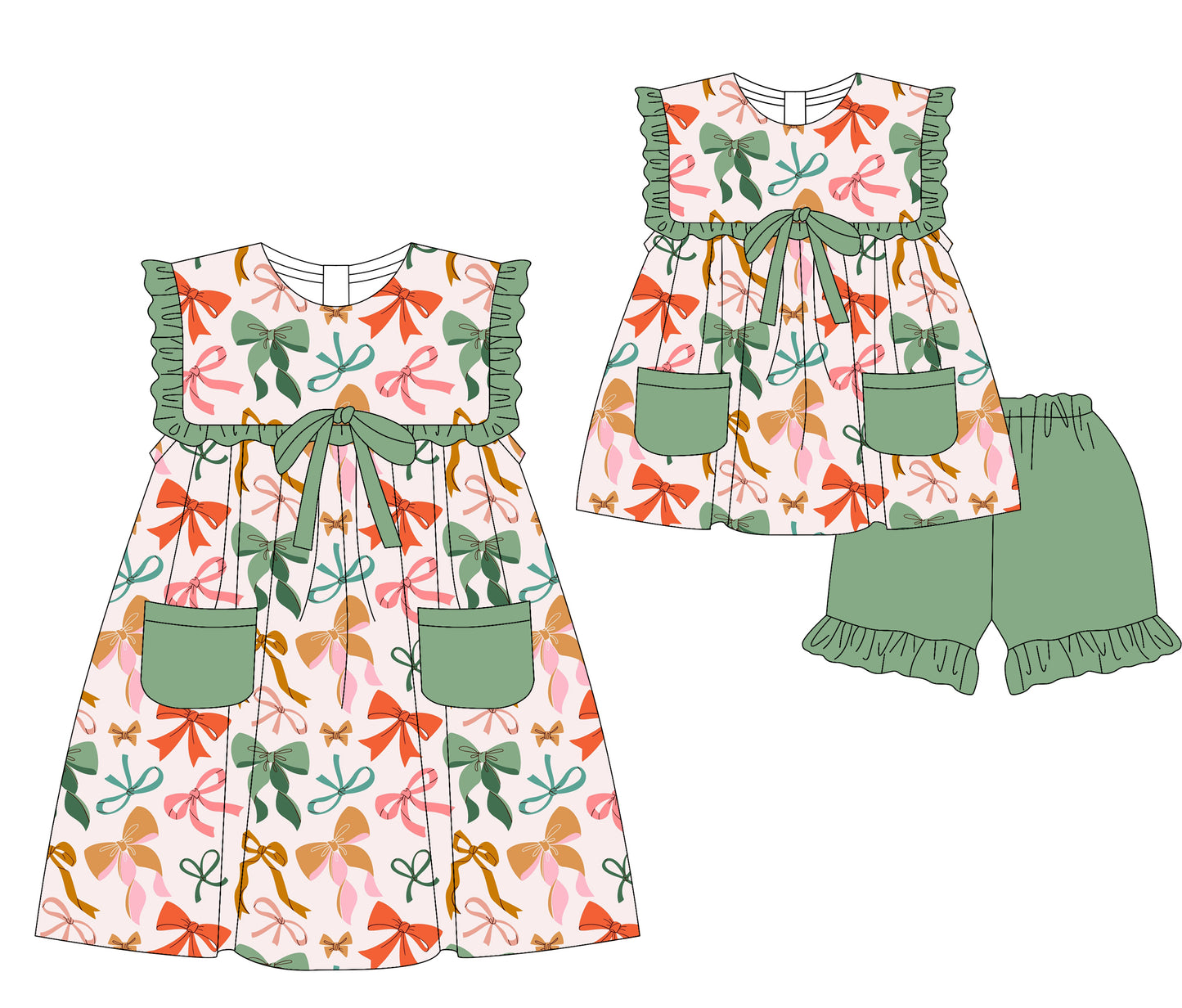 3.29(Custom Design Preorder MOQ 5 Each Design) Colorful Bows Print Girls Summer Matching Clothes Sisters Wear