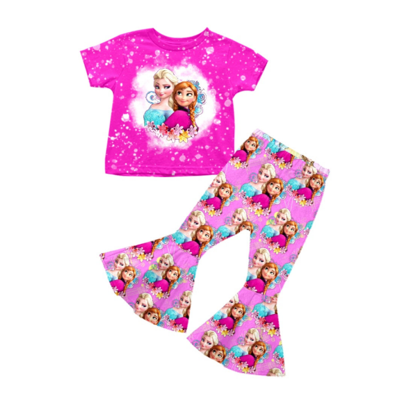 (Custom Design Preorder MOQ 5) Cartoon Princess Flowers Print Bell Pants Girls Clothes Set