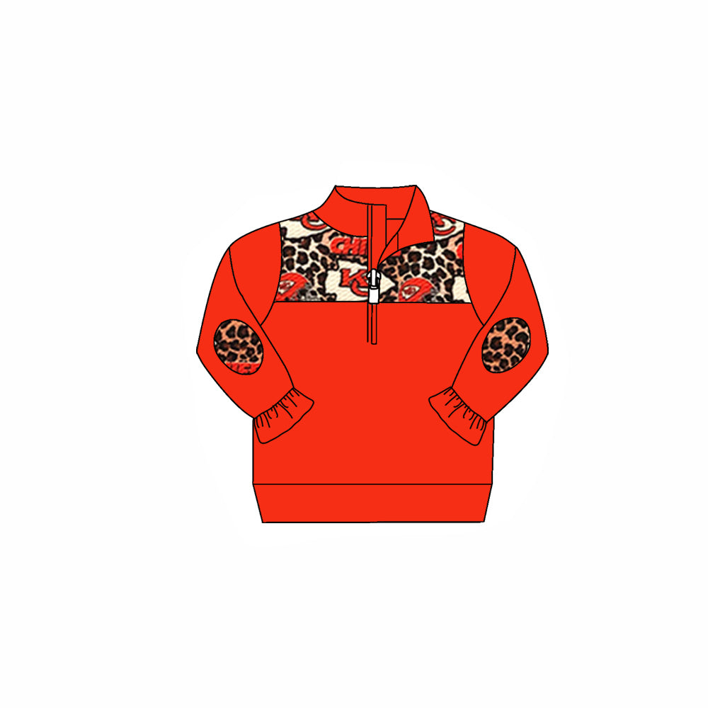 (Custom Design Preorder MOQ 5) Team's KC Red Leopard Print Girls Pullover Zipper Tee Shirts Top