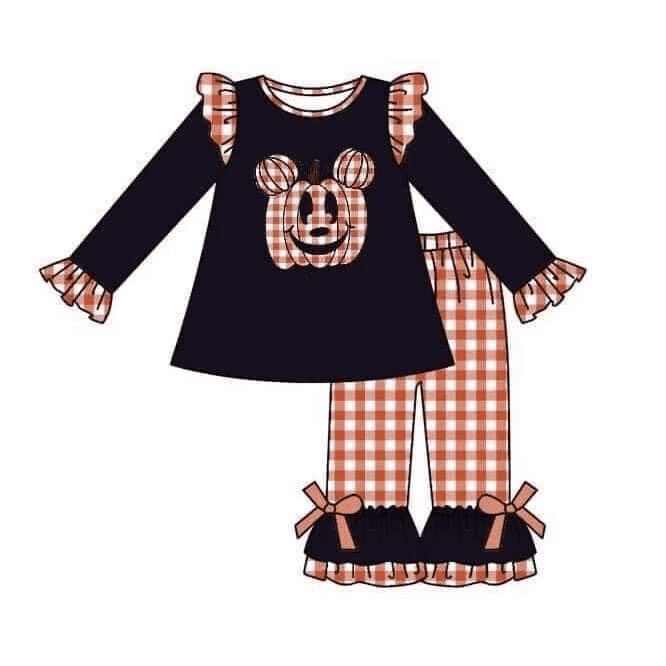 (Custom Design Preorder MOQ 5)  Pumpkin Orange Plaid Print Girls Halloween Clothes Set