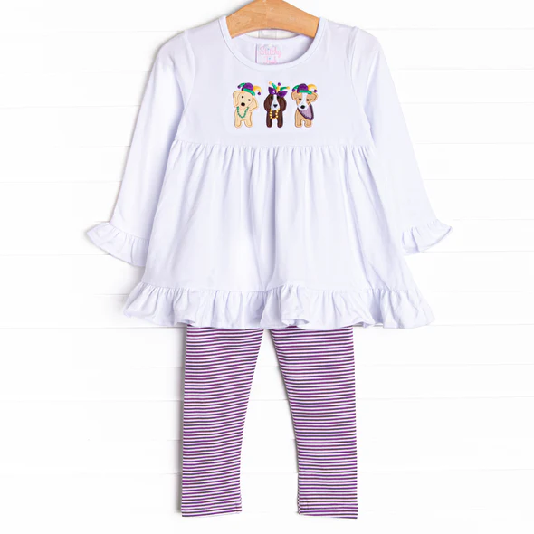 (Custom Design Preorder MOQ 5)  Puppy White Tunic Top Purple Stripes Pants Girls Mardi Gras Clothes Set